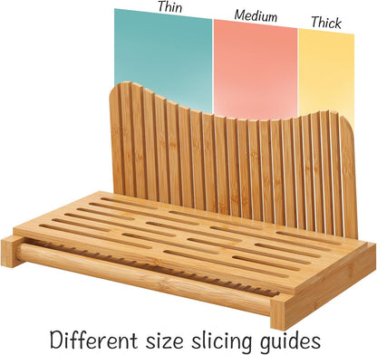 Bamboo Bread Slicer with Serrated Knife, Adjustable Guide for 3 Thickness Sizes, Foldable Chopping Board with Crumb Tray, Great for Homemade Bread, Cakes, Bagels
