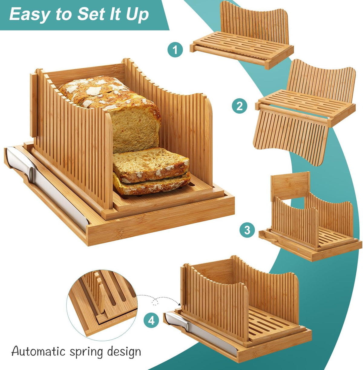 Bamboo Bread Slicer with Serrated Knife, Adjustable Guide for 3 Thickness Sizes, Foldable Chopping Board with Crumb Tray, Great for Homemade Bread, Cakes, Bagels