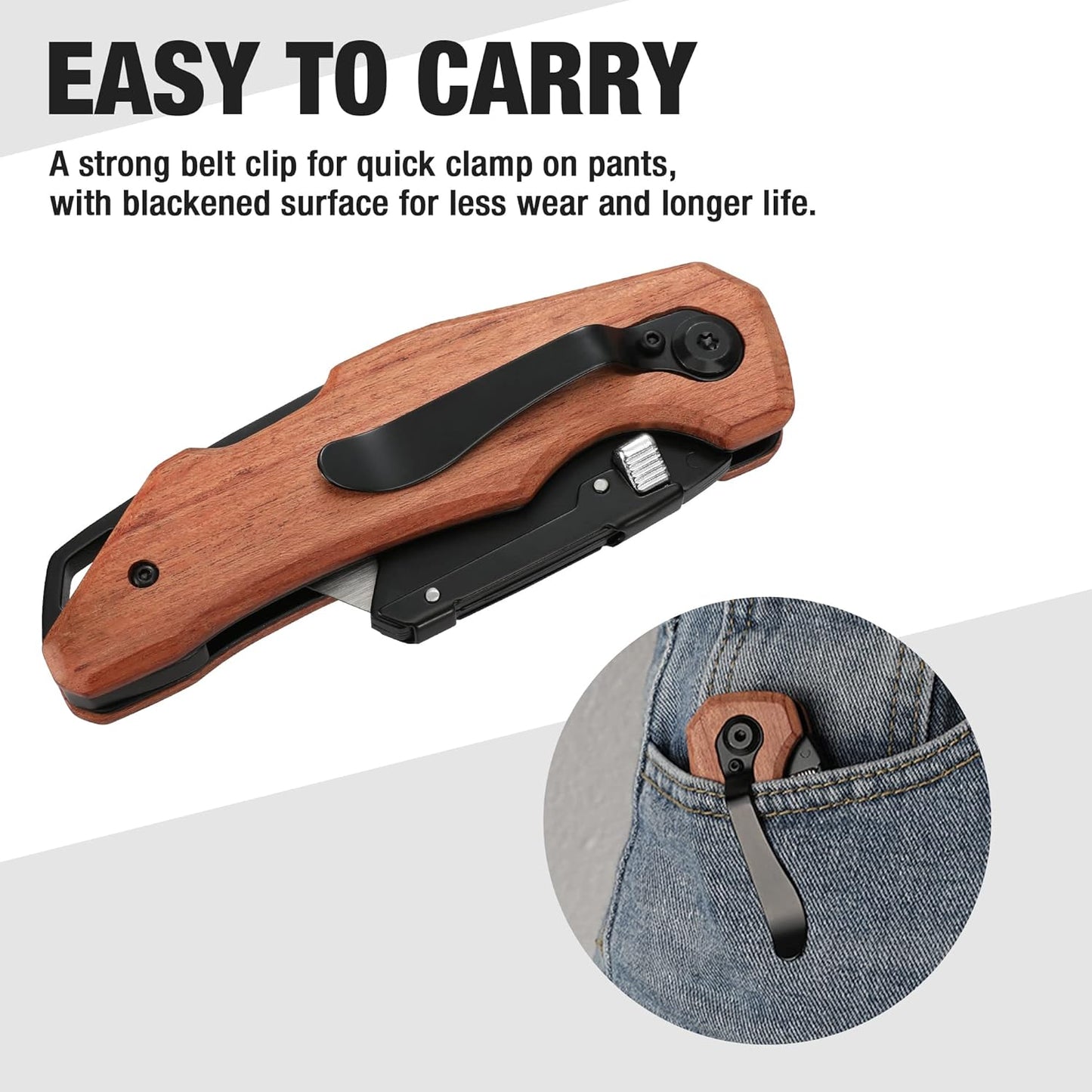 Folding Utility Knife with Stainless Steel Head, Quick-change Blade & Back Lock, Wood Handle Heavy Duty Box Cutter, 1PC Razor Knife with Extra 10PC SK5 Blades