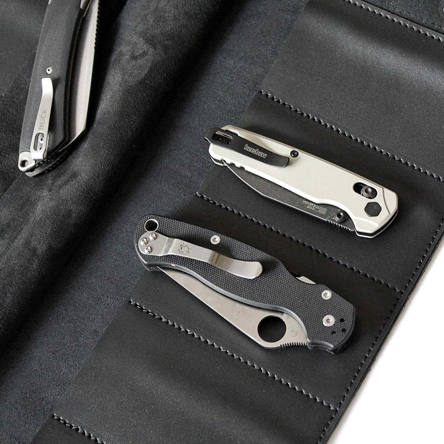 Leather Folding Knife Display Roll Organizer for 6 Pocket Knives Case, Pocket Knife Storage Holder, Knives Collection Holder Pouch Bag VR6BL