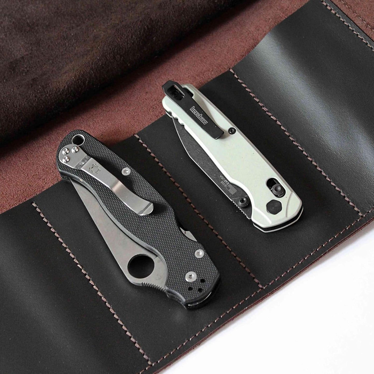 Leather Folding Knife Display Roll Organizer for 6 Pocket Knives Case, Pocket Knife Storage Holder, Knives Collection Holder Pouch Bag VR6BL