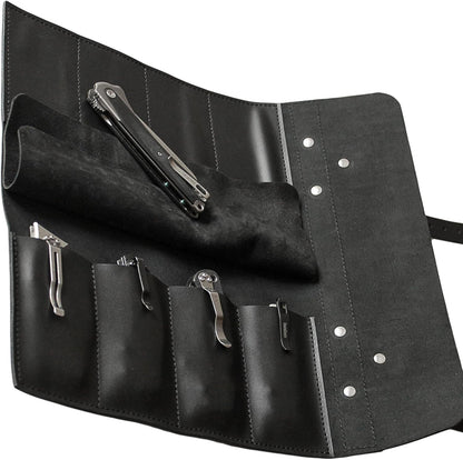 Leather Folding Knife Display Roll Organizer for 6 Pocket Knives Case, Pocket Knife Storage Holder, Knives Collection Holder Pouch Bag VR6BL