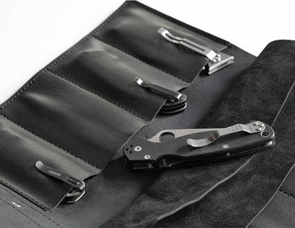 Leather Folding Knife Display Roll Organizer for 6 Pocket Knives Case, Pocket Knife Storage Holder, Knives Collection Holder Pouch Bag VR6BL