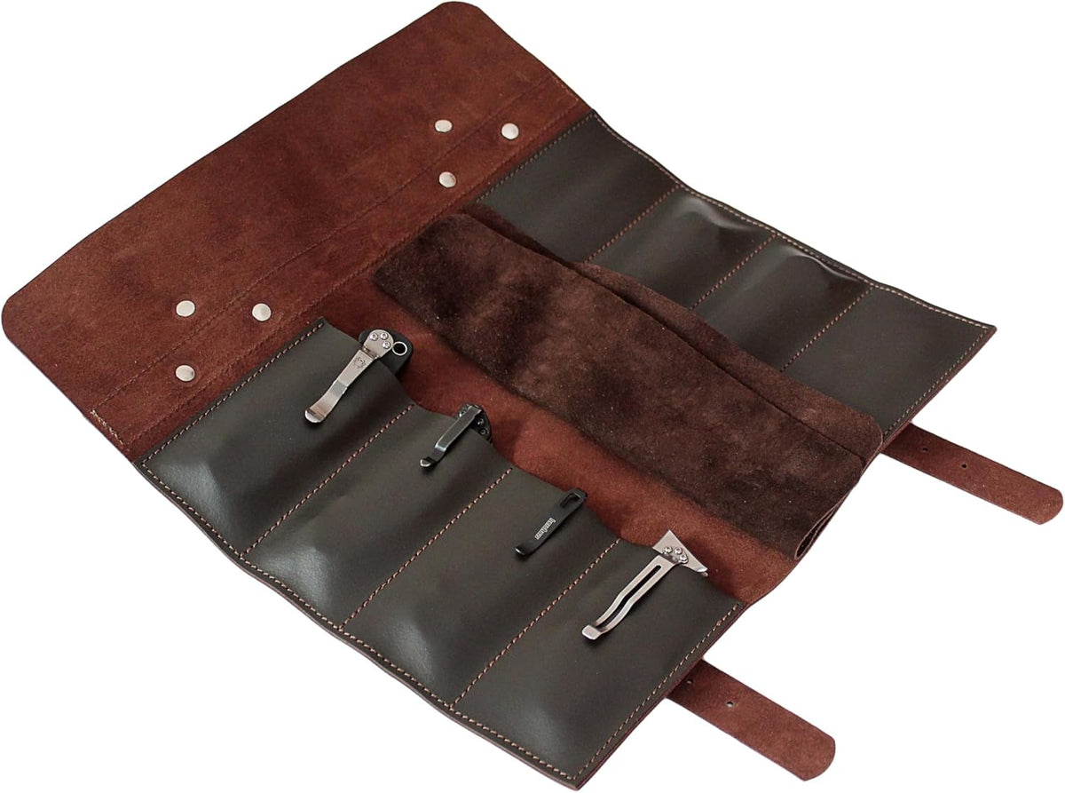 Leather Folding Knife Display Roll Organizer for 6 Pocket Knives Case, Pocket Knife Storage Holder, Knives Collection Holder Pouch Bag VR6BL