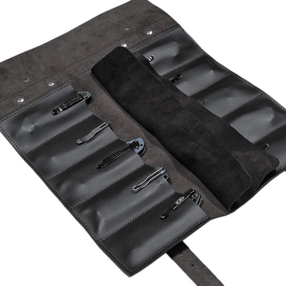 Leather Folding Knife Display Roll Organizer for 6 Pocket Knives Case, Pocket Knife Storage Holder, Knives Collection Holder Pouch Bag VR6BL