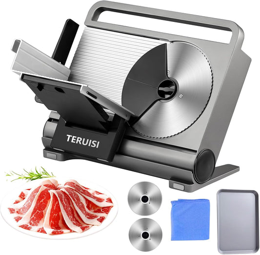 Meat Slicer, 200W Electric Slicer Machine Food Slicer, Foldable Deli Meat Cutter with 2 Removable 7.5" Stainless Steel Blade, 0-15mm Adjustable Thickness For Home Use, Meat, Cheese, Bread 110V