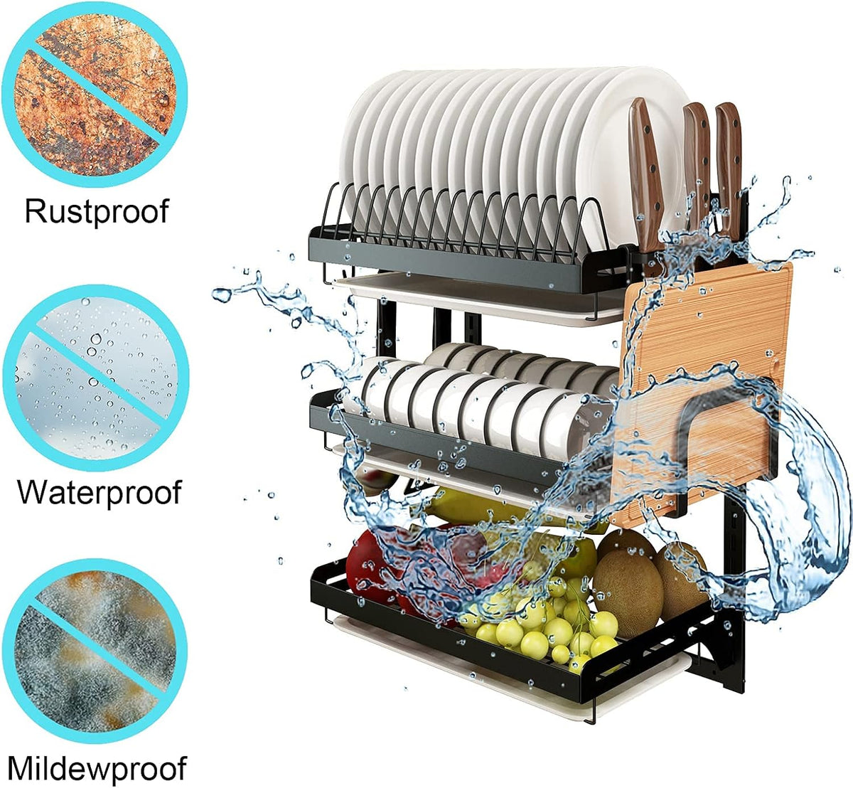 Wall Mounted Stainless Steel Dish Drying Rack Fruit Vegetable Storage Basket with Drainboard and Hanging Chopsticks Cage Knife Holder Kitchen Supplies Shelf Utensils Organizer (2-Tier)