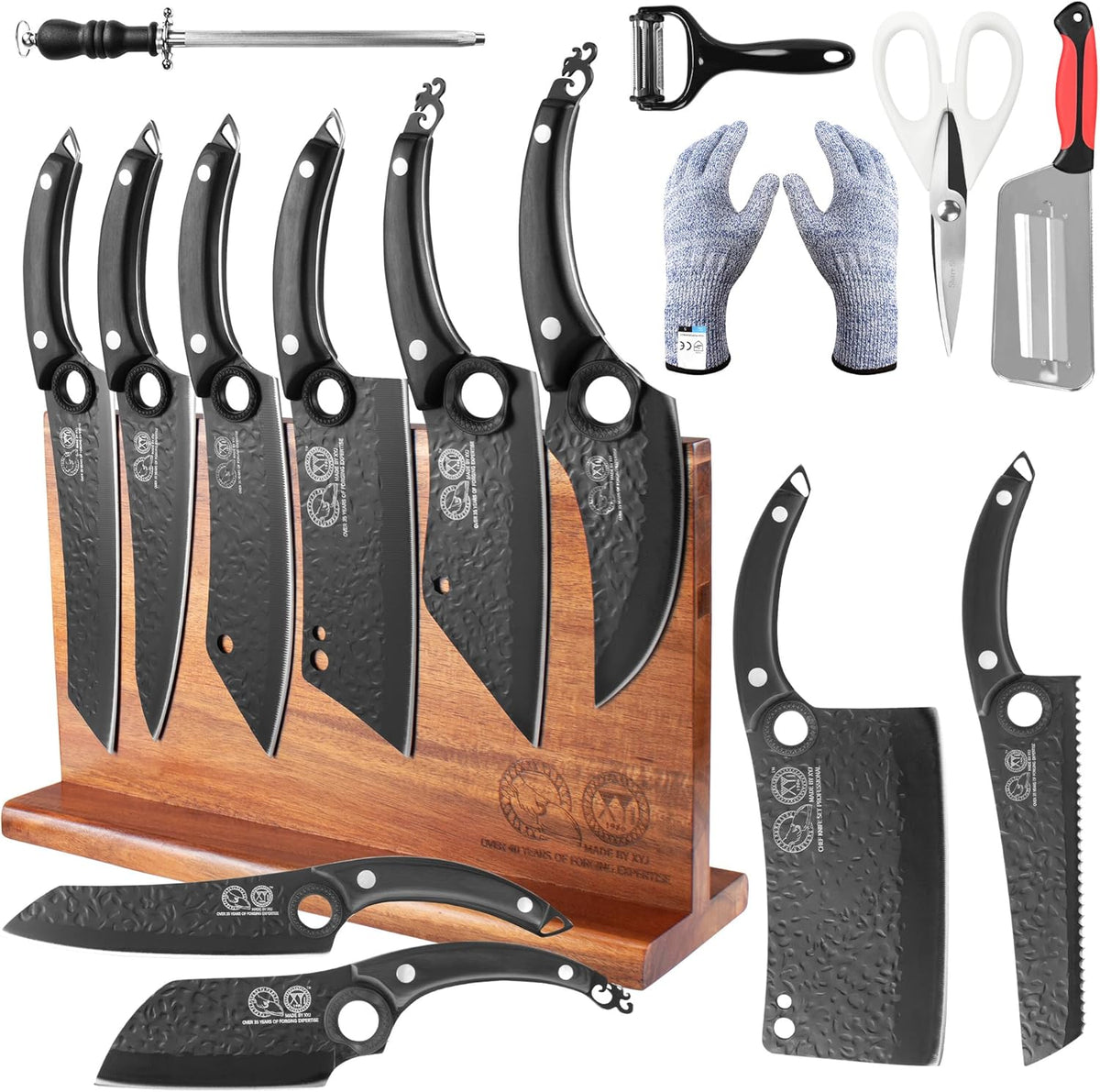 Kitchen Knife Block Set, 10 Pieces | Full Tang Knives, Wooden Magnetic Knife Block, Includes Honing Steel, Gloves, Peeler, Scissors