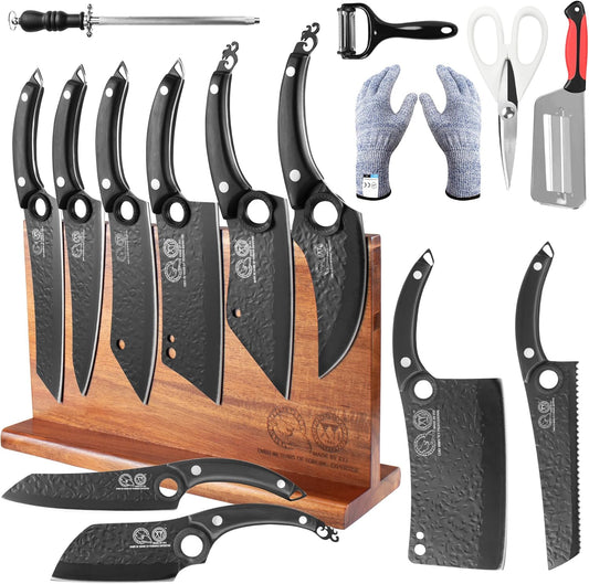 Kitchen Knife Block Set, 10 Pieces | Full Tang Knives, Wooden Magnetic Knife Block, Includes Honing Steel, Gloves, Peeler, Scissors