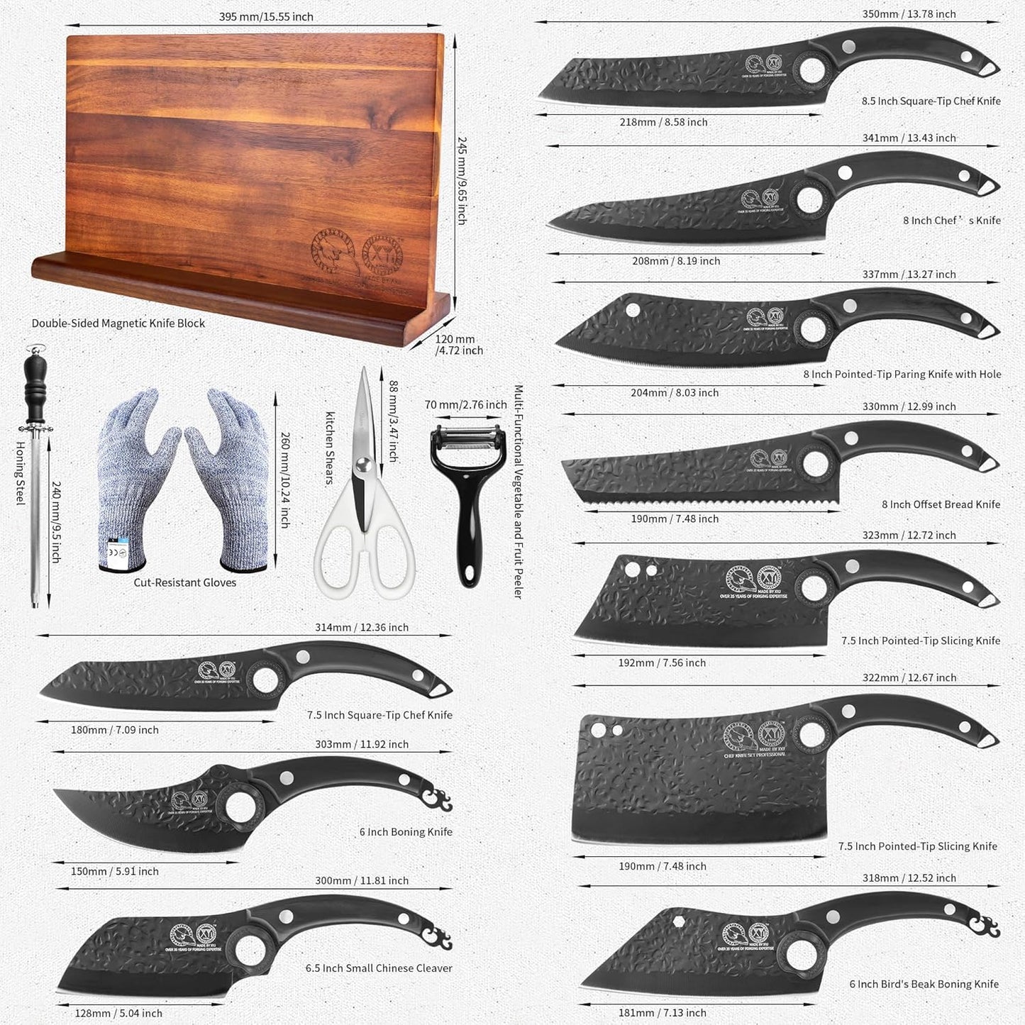 Kitchen Knife Block Set, 10 Pieces | Full Tang Knives, Wooden Magnetic Knife Block, Includes Honing Steel, Gloves, Peeler, Scissors