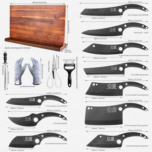 Kitchen Knife Block Set, 10 Pieces | Full Tang Knives, Wooden Magnetic Knife Block, Includes Honing Steel, Gloves, Peeler, Scissors