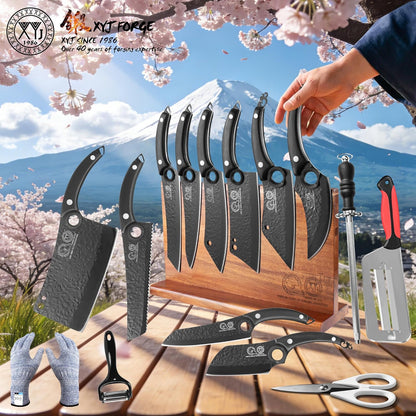 Kitchen Knife Block Set, 10 Pieces | Full Tang Knives, Wooden Magnetic Knife Block, Includes Honing Steel, Gloves, Peeler, Scissors