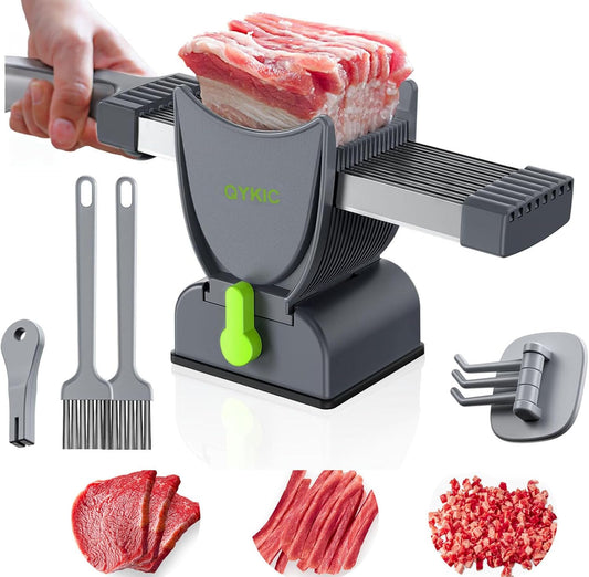 QYKIC Fresh Meat Slicer, Thickness Adjustable 2/4 mm Stainless Steel | Kitchen Cleaver Knife Set With Block, Manual Fresh Meat Cutter Jerky Slicer For Beef Pork, Cooking BBQ Hot Pot (Gray)