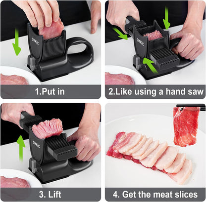 QYKIC Fresh Meat Slicer, Thickness Adjustable 2/4 mm Stainless Steel | Kitchen Cleaver Knife Set With Block, Manual Fresh Meat Cutter Jerky Slicer For Beef Pork, Cooking BBQ Hot Pot (Gray)