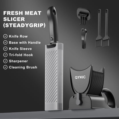 QYKIC Fresh Meat Slicer, Thickness Adjustable 2/4 mm Stainless Steel | Kitchen Cleaver Knife Set With Block, Manual Fresh Meat Cutter Jerky Slicer For Beef Pork, Cooking BBQ Hot Pot (Gray)