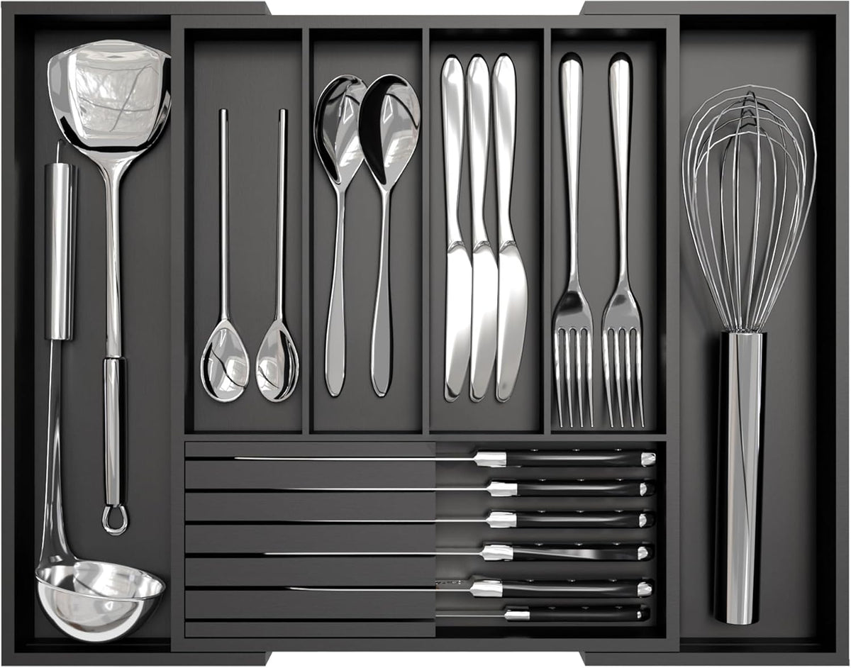 Bamboo Kitchen Silverware Drawer Organizer - Expandable Wood Utensil Holder with Dividers, Luxury Cutlery Storage Tray for Kitchen Utensil and Flatware (5-7 Slots with Removable Knife Block, Black)