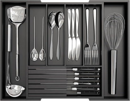 Bamboo Kitchen Silverware Drawer Organizer - Expandable Wood Utensil Holder with Dividers, Luxury Cutlery Storage Tray for Kitchen Utensil and Flatware (5-7 Slots with Removable Knife Block, Black)