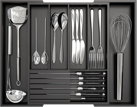 Bamboo Kitchen Silverware Drawer Organizer - Expandable Wood Utensil Holder with Dividers, Luxury Cutlery Storage Tray for Kitchen Utensil and Flatware (5-7 Slots with Removable Knife Block, Black)