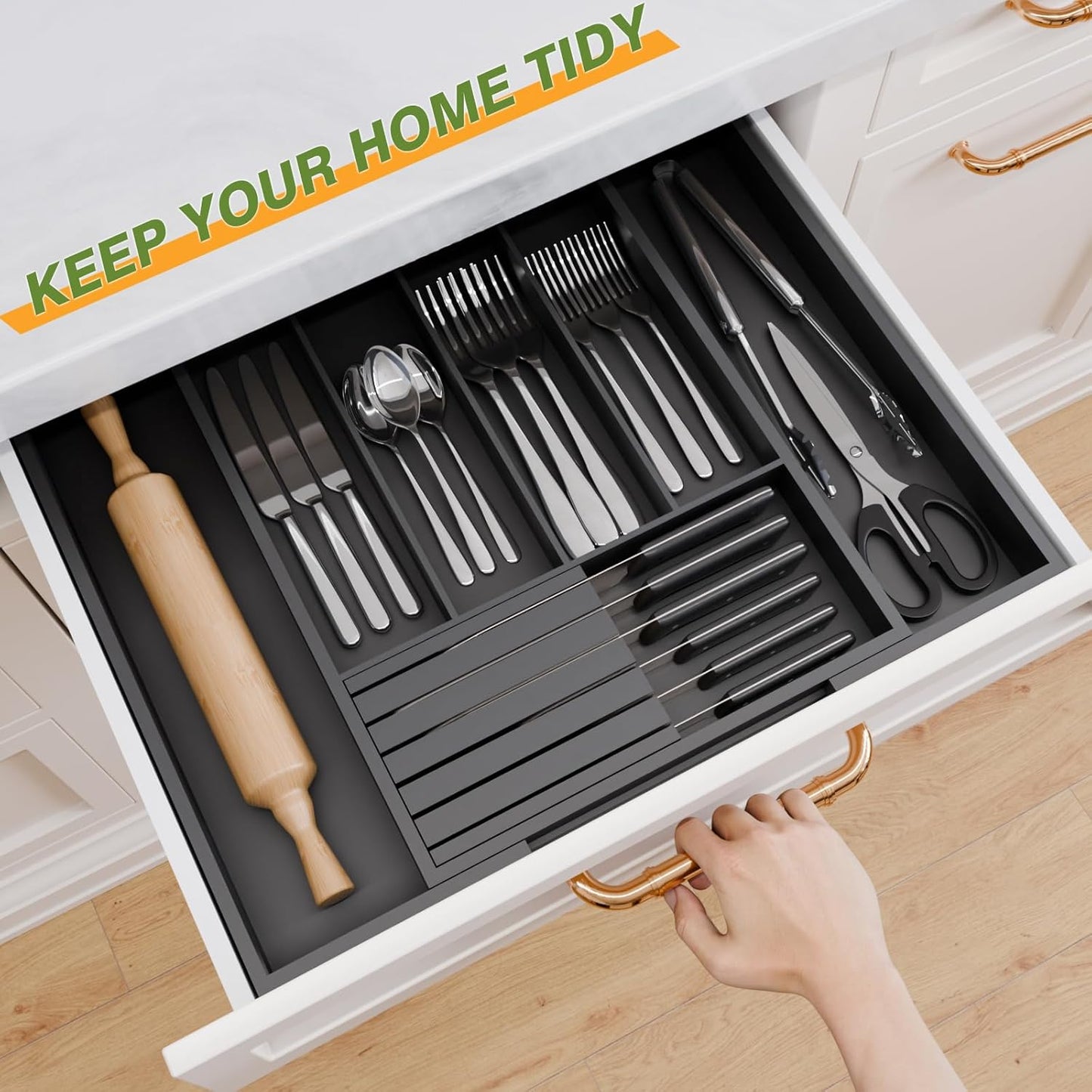Bamboo Kitchen Silverware Drawer Organizer - Expandable Wood Utensil Holder with Dividers, Luxury Cutlery Storage Tray for Kitchen Utensil and Flatware (5-7 Slots with Removable Knife Block, Black)