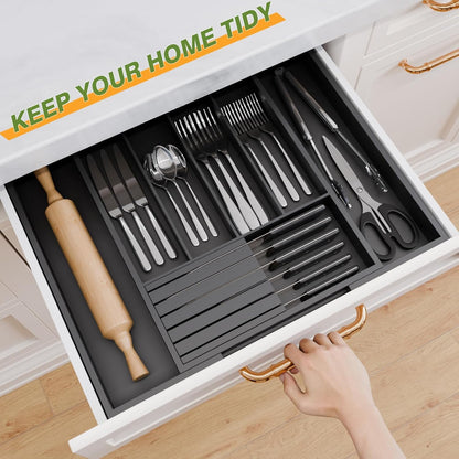 Bamboo Kitchen Silverware Drawer Organizer - Expandable Wood Utensil Holder with Dividers, Luxury Cutlery Storage Tray for Kitchen Utensil and Flatware (5-7 Slots with Removable Knife Block, Black)