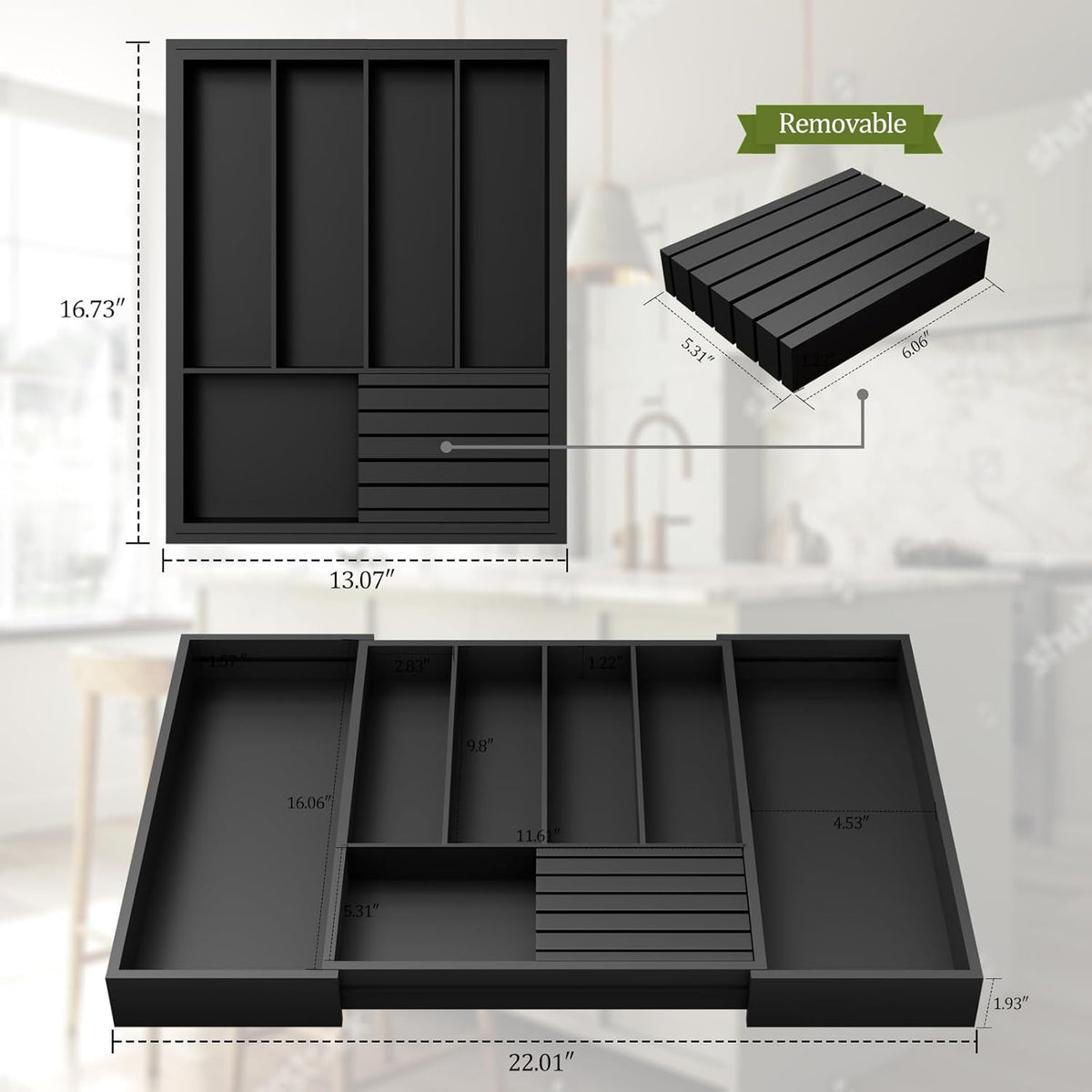 Bamboo Kitchen Silverware Drawer Organizer - Expandable Wood Utensil Holder with Dividers, Luxury Cutlery Storage Tray for Kitchen Utensil and Flatware (5-7 Slots with Removable Knife Block, Black)