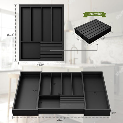 Bamboo Kitchen Silverware Drawer Organizer - Expandable Wood Utensil Holder with Dividers, Luxury Cutlery Storage Tray for Kitchen Utensil and Flatware (5-7 Slots with Removable Knife Block, Black)