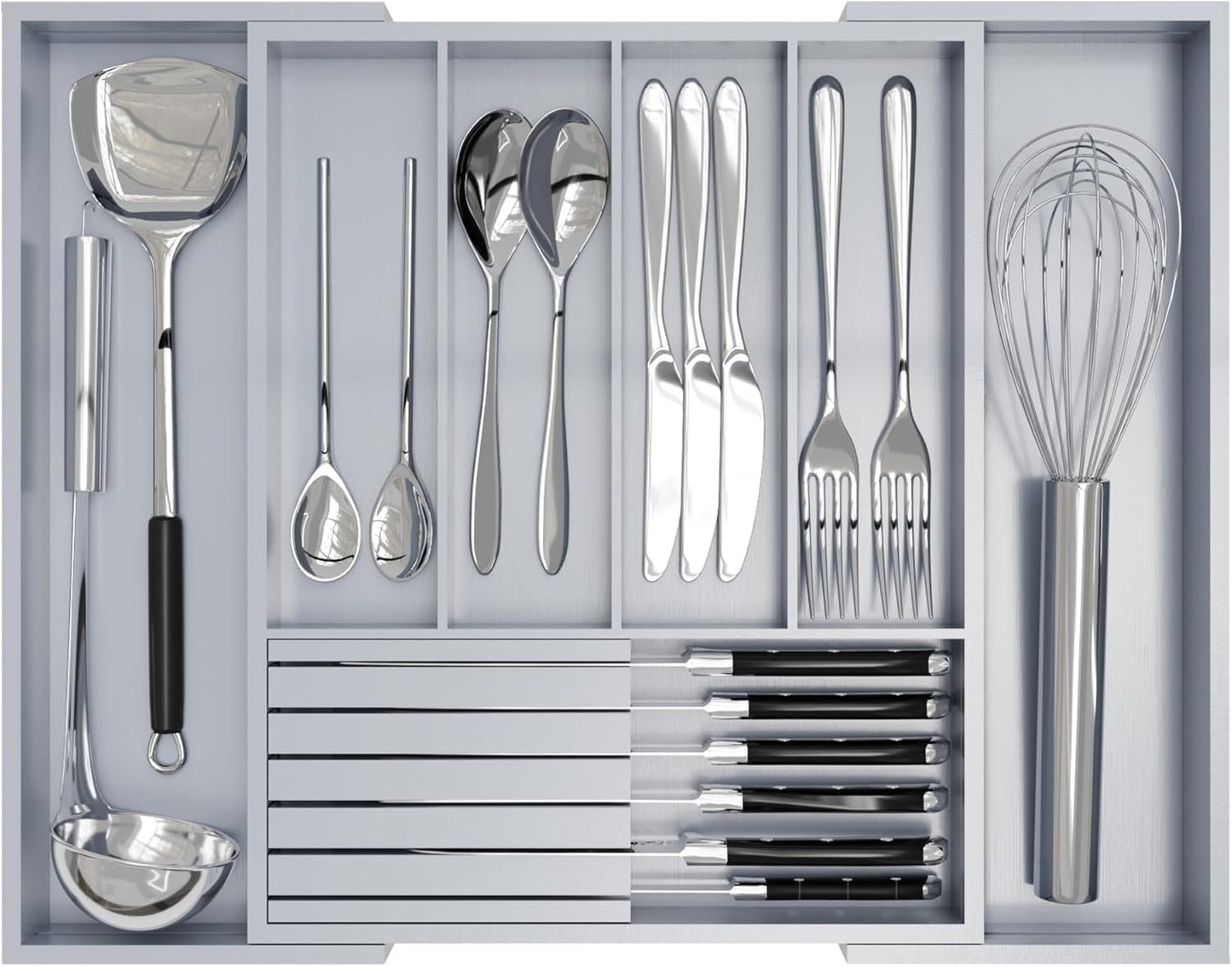Bamboo Kitchen Silverware Drawer Organizer - Expandable Wood Utensil Holder with Dividers, Luxury Cutlery Storage Tray for Kitchen Utensil and Flatware (5-7 Slots with Removable Knife Block, Black)
