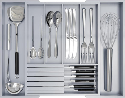 Bamboo Kitchen Silverware Drawer Organizer - Expandable Wood Utensil Holder with Dividers, Luxury Cutlery Storage Tray for Kitchen Utensil and Flatware (5-7 Slots with Removable Knife Block, Black)