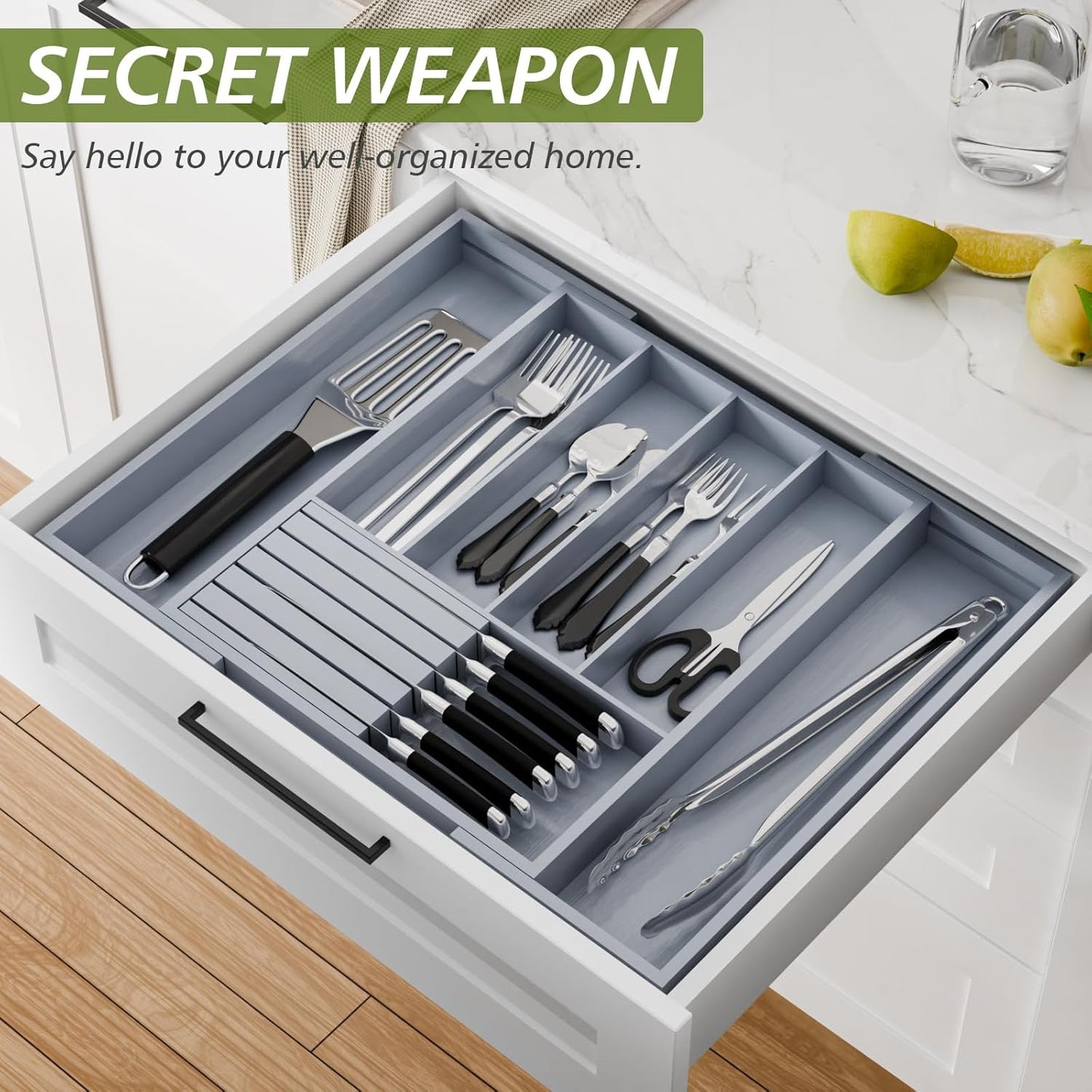 Bamboo Kitchen Silverware Drawer Organizer - Expandable Wood Utensil Holder with Dividers, Luxury Cutlery Storage Tray for Kitchen Utensil and Flatware (5-7 Slots with Removable Knife Block, Black)