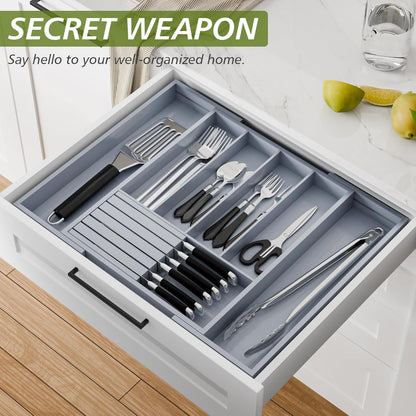 Bamboo Kitchen Silverware Drawer Organizer - Expandable Wood Utensil Holder with Dividers, Luxury Cutlery Storage Tray for Kitchen Utensil and Flatware (5-7 Slots with Removable Knife Block, Black)