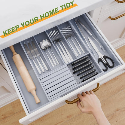 Bamboo Kitchen Silverware Drawer Organizer - Expandable Wood Utensil Holder with Dividers, Luxury Cutlery Storage Tray for Kitchen Utensil and Flatware (5-7 Slots with Removable Knife Block, Black)