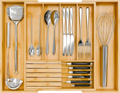 Bamboo Kitchen Silverware Drawer Organizer - Expandable Wood Utensil Holder with Dividers, Luxury Cutlery Storage Tray for Kitchen Utensil and Flatware (5-7 Slots with Removable Knife Block, Black)