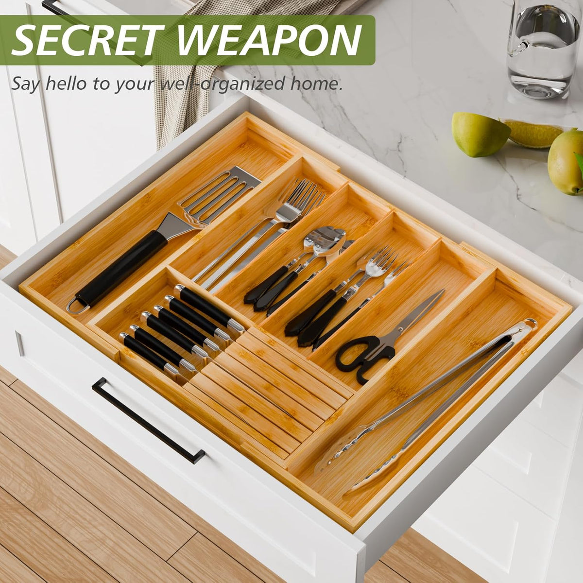 Bamboo Kitchen Silverware Drawer Organizer - Expandable Wood Utensil Holder with Dividers, Luxury Cutlery Storage Tray for Kitchen Utensil and Flatware (5-7 Slots with Removable Knife Block, Black)