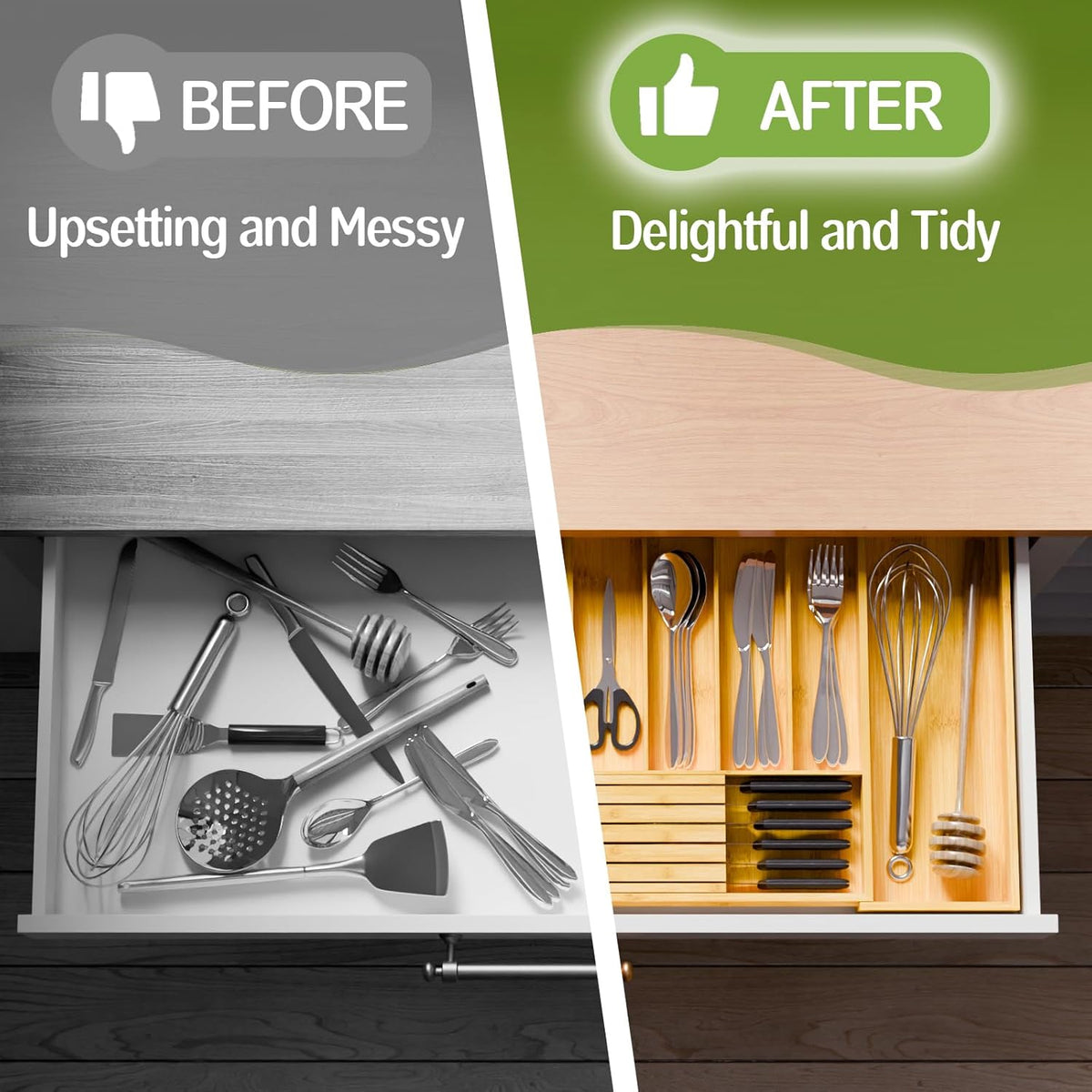 Bamboo Kitchen Silverware Drawer Organizer - Expandable Wood Utensil Holder with Dividers, Luxury Cutlery Storage Tray for Kitchen Utensil and Flatware (5-7 Slots with Removable Knife Block, Black)