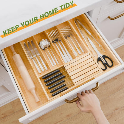 Bamboo Kitchen Silverware Drawer Organizer - Expandable Wood Utensil Holder with Dividers, Luxury Cutlery Storage Tray for Kitchen Utensil and Flatware (5-7 Slots with Removable Knife Block, Black)