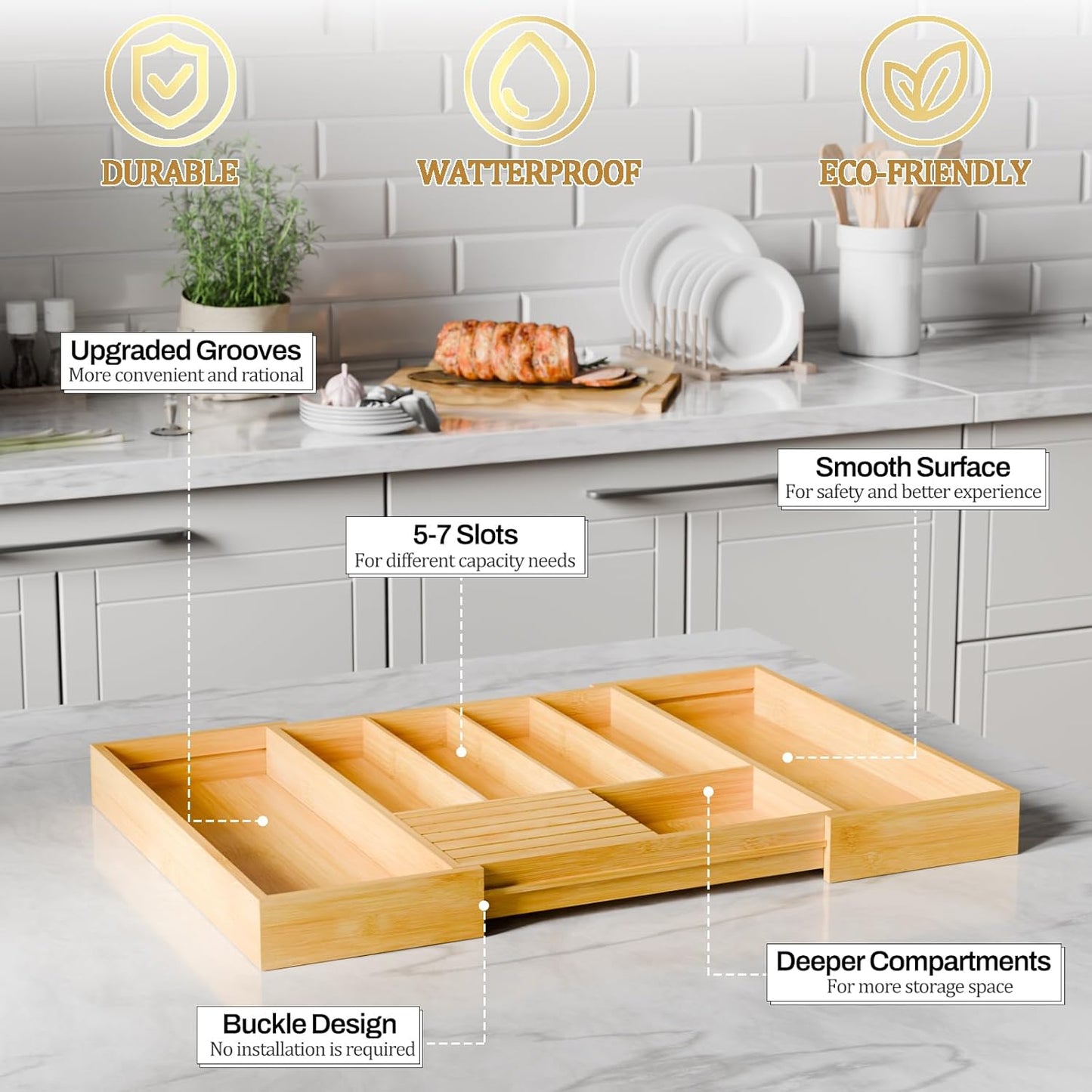 Bamboo Kitchen Silverware Drawer Organizer - Expandable Wood Utensil Holder with Dividers, Luxury Cutlery Storage Tray for Kitchen Utensil and Flatware (5-7 Slots with Removable Knife Block, Black)