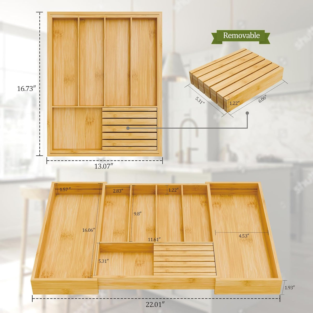 Bamboo Kitchen Silverware Drawer Organizer - Expandable Wood Utensil Holder with Dividers, Luxury Cutlery Storage Tray for Kitchen Utensil and Flatware (5-7 Slots with Removable Knife Block, Black)