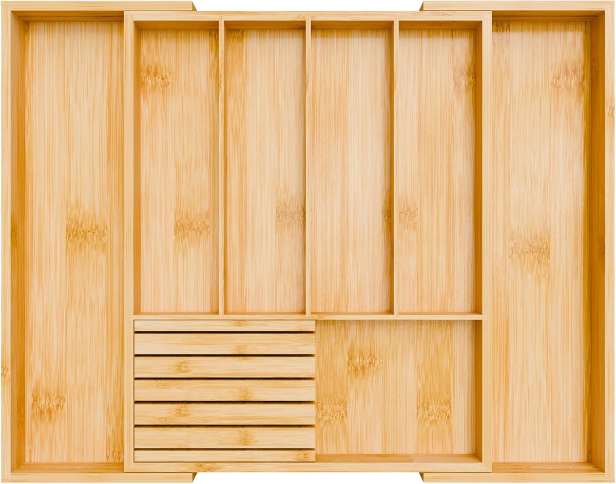 Bamboo Kitchen Silverware Drawer Organizer - Expandable Wood Utensil Holder with Dividers, Luxury Cutlery Storage Tray for Kitchen Utensil and Flatware (5-7 Slots with Removable Knife Block, Black)