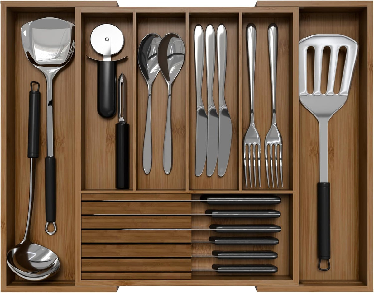 Bamboo Kitchen Silverware Drawer Organizer - Expandable Wood Utensil Holder with Dividers, Luxury Cutlery Storage Tray for Kitchen Utensil and Flatware (5-7 Slots with Removable Knife Block, Black)