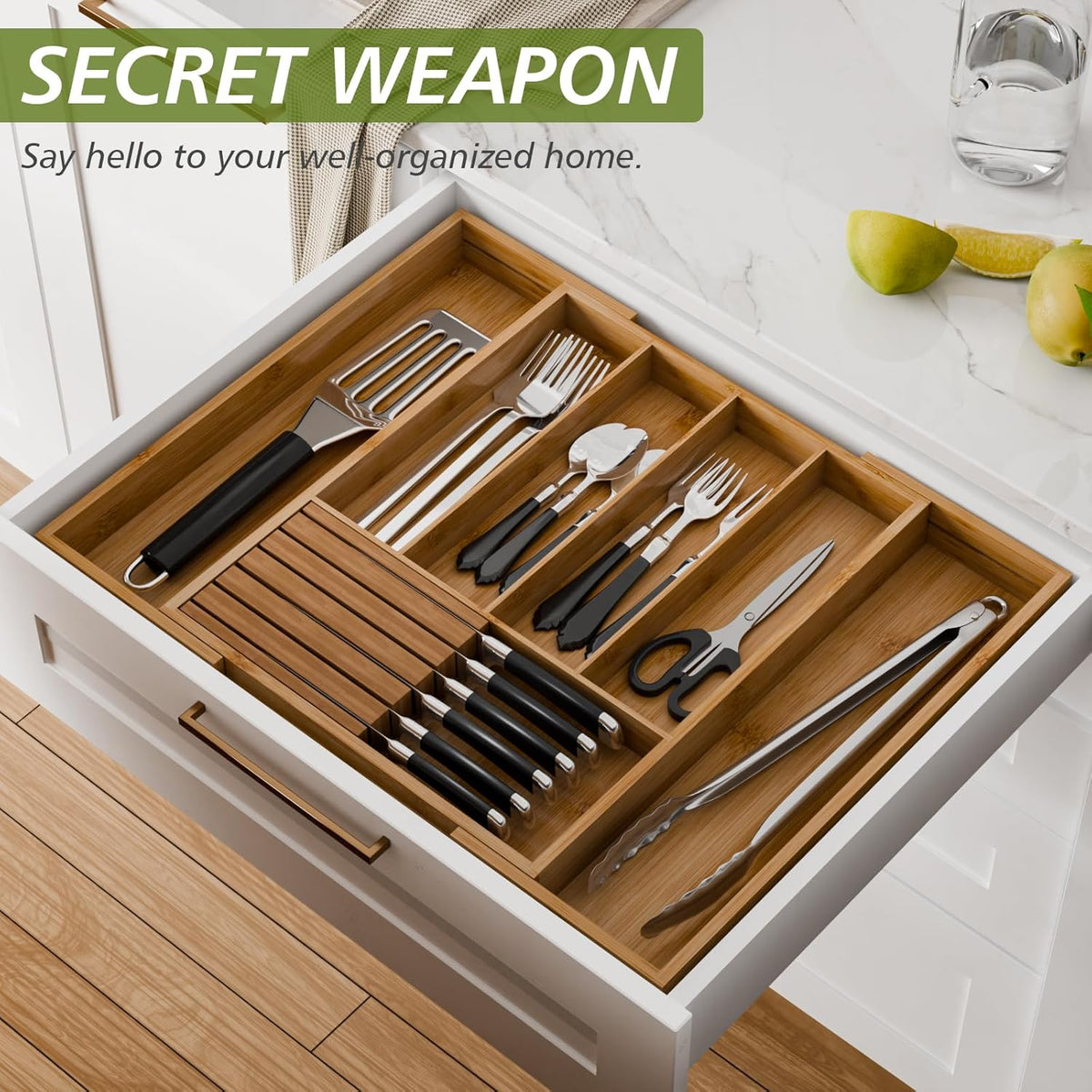 Bamboo Kitchen Silverware Drawer Organizer - Expandable Wood Utensil Holder with Dividers, Luxury Cutlery Storage Tray for Kitchen Utensil and Flatware (5-7 Slots with Removable Knife Block, Black)