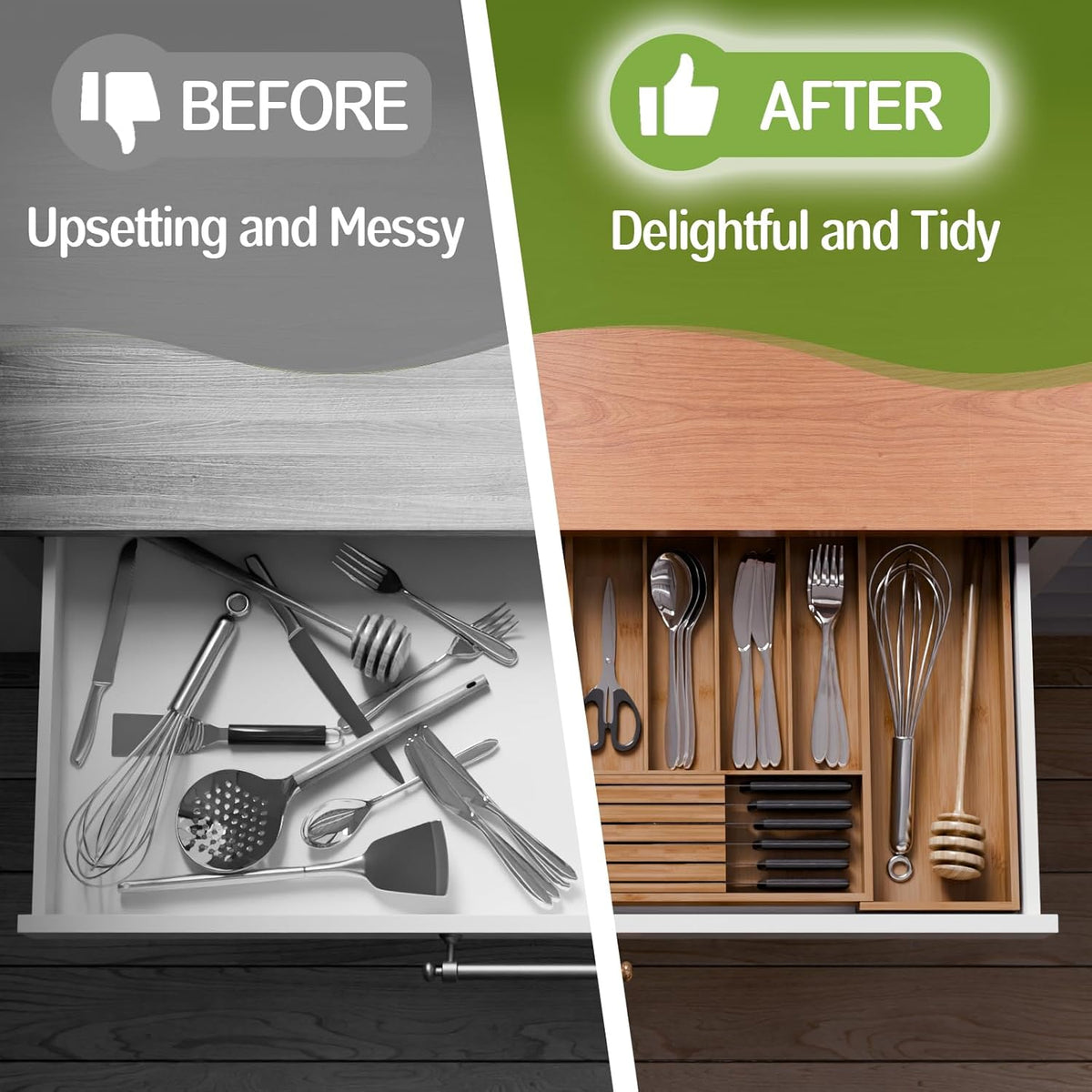 Bamboo Kitchen Silverware Drawer Organizer - Expandable Wood Utensil Holder with Dividers, Luxury Cutlery Storage Tray for Kitchen Utensil and Flatware (5-7 Slots with Removable Knife Block, Black)