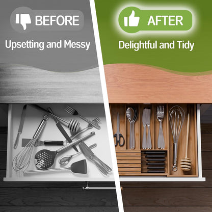 Bamboo Kitchen Silverware Drawer Organizer - Expandable Wood Utensil Holder with Dividers, Luxury Cutlery Storage Tray for Kitchen Utensil and Flatware (5-7 Slots with Removable Knife Block, Black)