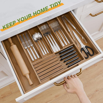 Bamboo Kitchen Silverware Drawer Organizer - Expandable Wood Utensil Holder with Dividers, Luxury Cutlery Storage Tray for Kitchen Utensil and Flatware (5-7 Slots with Removable Knife Block, Black)