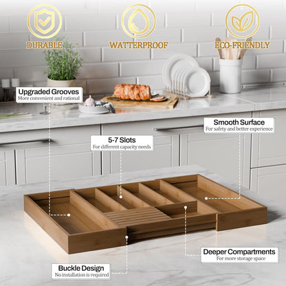 Bamboo Kitchen Silverware Drawer Organizer - Expandable Wood Utensil Holder with Dividers, Luxury Cutlery Storage Tray for Kitchen Utensil and Flatware (5-7 Slots with Removable Knife Block, Black)