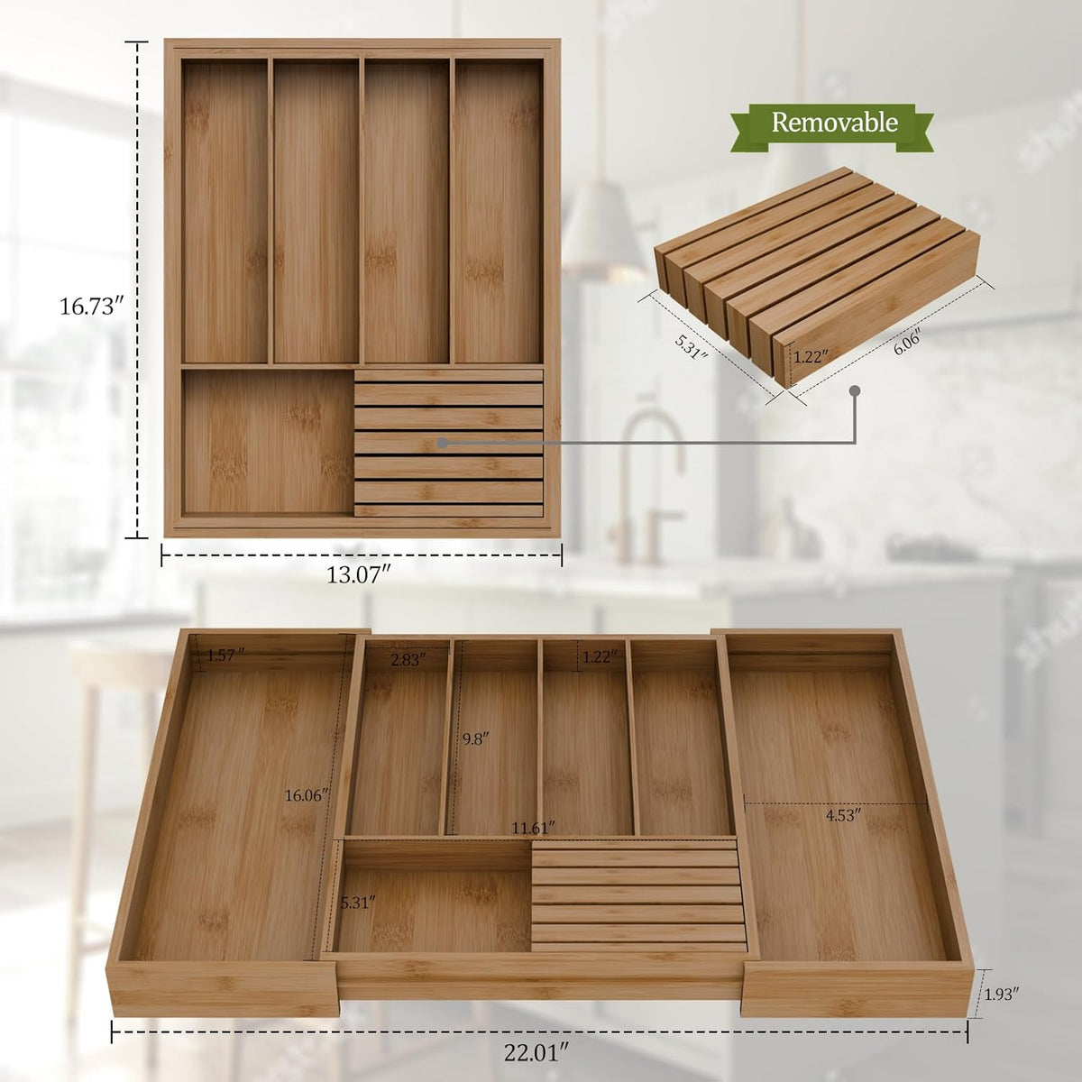 Bamboo Kitchen Silverware Drawer Organizer - Expandable Wood Utensil Holder with Dividers, Luxury Cutlery Storage Tray for Kitchen Utensil and Flatware (5-7 Slots with Removable Knife Block, Black)