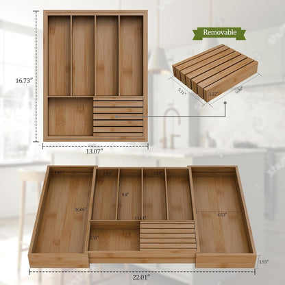 Bamboo Kitchen Silverware Drawer Organizer - Expandable Wood Utensil Holder with Dividers, Luxury Cutlery Storage Tray for Kitchen Utensil and Flatware (5-7 Slots with Removable Knife Block, Black)