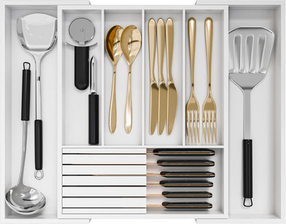 Bamboo Kitchen Silverware Drawer Organizer - Expandable Wood Utensil Holder with Dividers, Luxury Cutlery Storage Tray for Kitchen Utensil and Flatware (5-7 Slots with Removable Knife Block, Black)