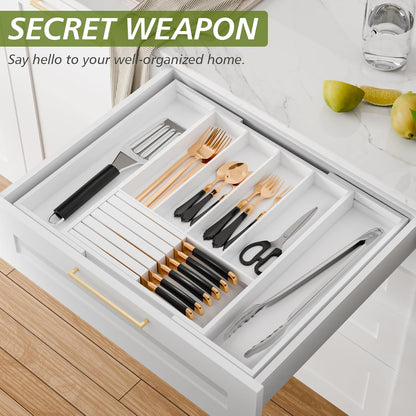 Bamboo Kitchen Silverware Drawer Organizer - Expandable Wood Utensil Holder with Dividers, Luxury Cutlery Storage Tray for Kitchen Utensil and Flatware (5-7 Slots with Removable Knife Block, Black)