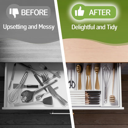 Bamboo Kitchen Silverware Drawer Organizer - Expandable Wood Utensil Holder with Dividers, Luxury Cutlery Storage Tray for Kitchen Utensil and Flatware (5-7 Slots with Removable Knife Block, Black)