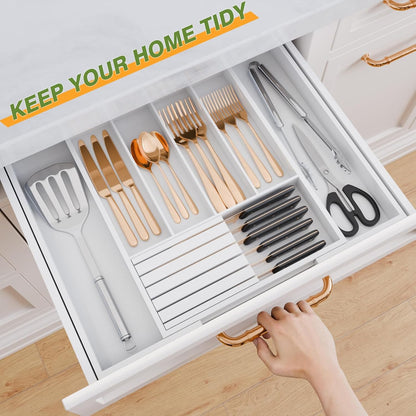 Bamboo Kitchen Silverware Drawer Organizer - Expandable Wood Utensil Holder with Dividers, Luxury Cutlery Storage Tray for Kitchen Utensil and Flatware (5-7 Slots with Removable Knife Block, Black)